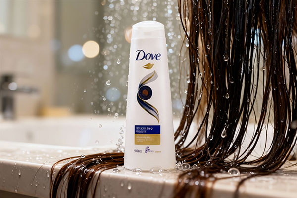 شامپو موهای آسیب دیده داو 400 میلی لیتری روی پیشخوان حمام