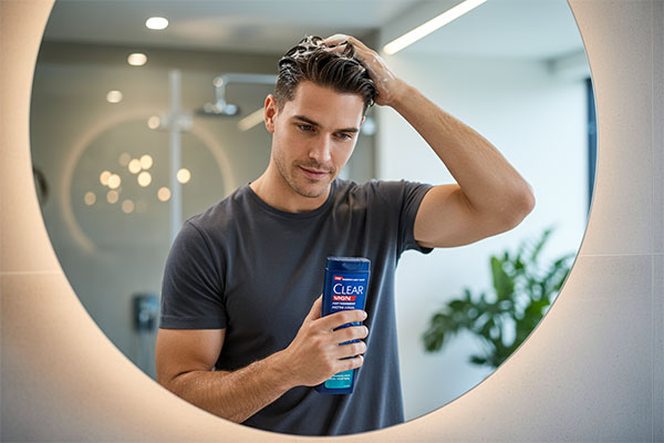 استفاده از شامپو ضد شوره مردانه کلیر توسط مدل مرد در حمام