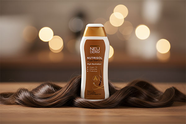 شامپو نئودرم برای موهای آسیب دیده مدل آرگان نوتریسل روی سطح چوبی