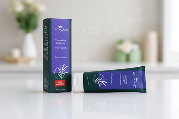 شامپو حجم دهنده موهای نازک کاسمکولوژی روی پیشخوان حمام