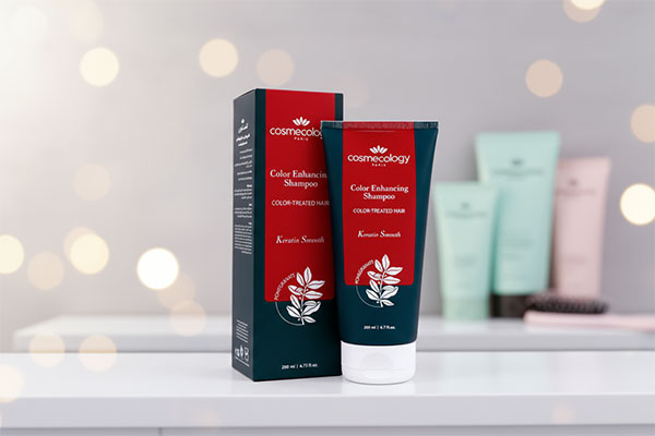 شامپو تثبیت کننده رنگ مو کاسمکولوژی روی قفسه حمام