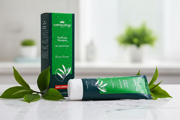 شامپو مو و کف سر چرب کاسمکولوژی روی پیشخوان حمام