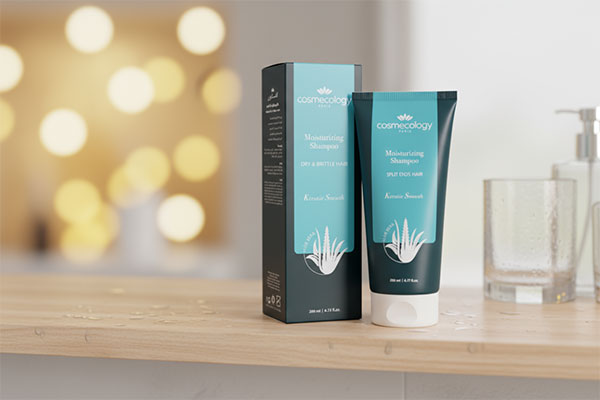 شامپو مرطوب کننده موهای خشک کاسمکولوژی روی قفسه حمام