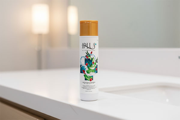 شامپو ضد شوره موهای خشک آی پلاس روی پیشخوان حمام