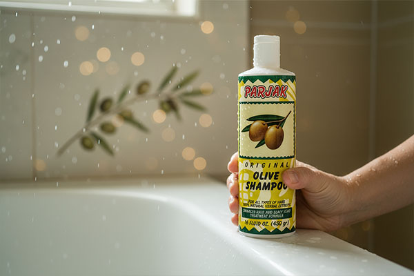 شامپو زیتون پرژک در محیط حمام با طراحی زیتونی