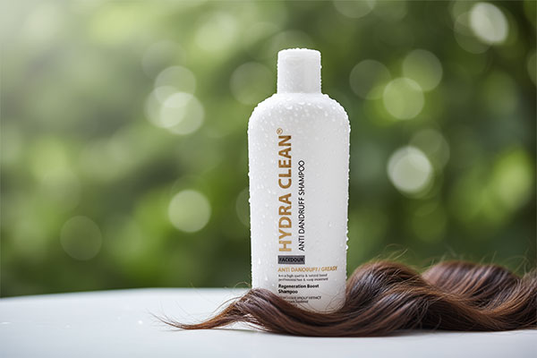 نمای نزدیک شامپو کنترلکننده شوره موهای چرب هیدراکلین فیس دوکس با موهای سالم