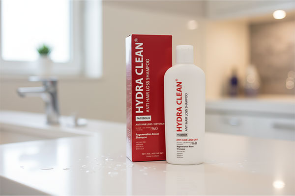 شامپو ضد ریزش بدون سولفات هیدراکلین فیس دوکس روی پیشخوان حمام