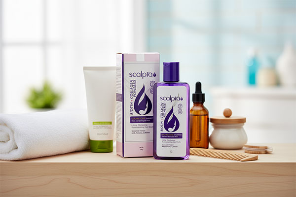 شامپو حجم دهنده مو بیوتین و کلاژن اسکالپیا روی قفسه حمام