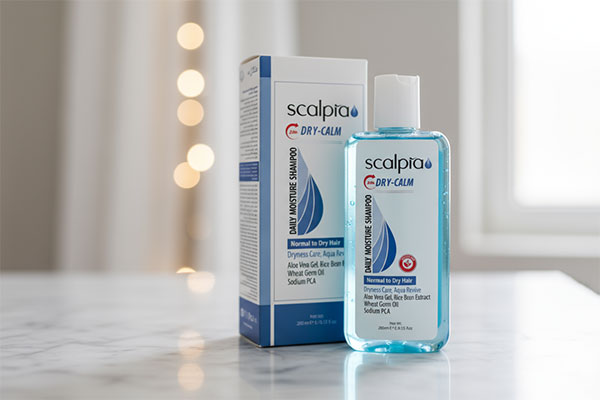 شامپو روزانه موهای خشک اسکالپیا روی پیشخوان سفید