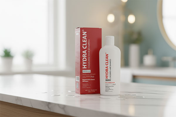 شامپو بدون سولفات موهای رنگ شده هیدراکلین فیس دوکس روی پیشخوان حمام