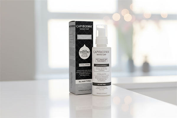 شامپو فوم موهای کاشته شده مین کپ کپیدرما روی پیشخوان حمام