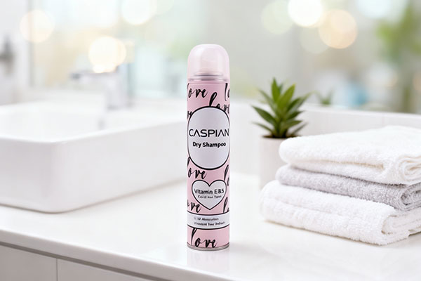 اسپری شامپو خشک کاسپین روی پیشخوان حمام