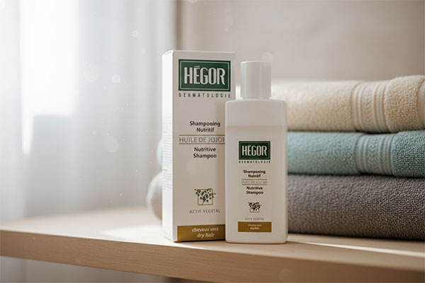 شامپو تغذیه کننده موهای خشک روغن جوجوبا هگور روی قفسه حمام