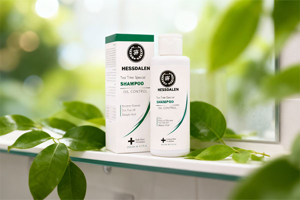 شامپو موهای چرب درخت چای هسدالن روی قفسه حمام