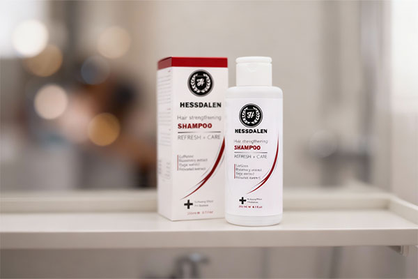 شامپو ضد ریزش مو هسدالن روی قفسه حمام