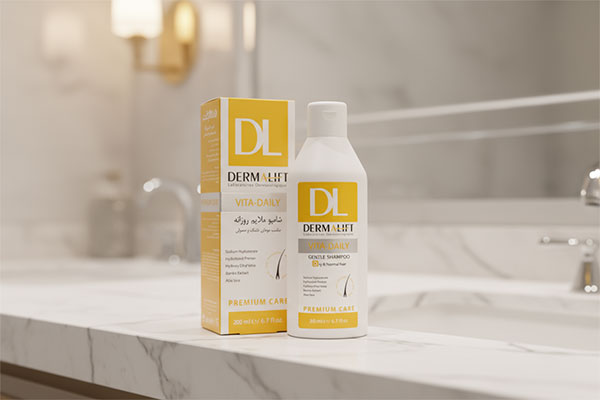 شامپو روزانه موهای خشک و معمولی درمالیفت روی پیشخوان حمام