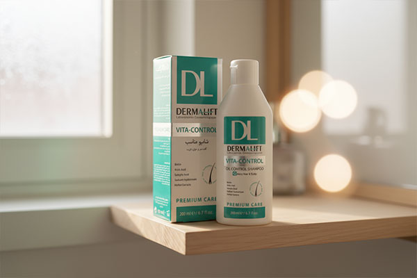 شامپو کف سر و موی چرب ویتا کنترل درمالیفت روی قفسه حمام