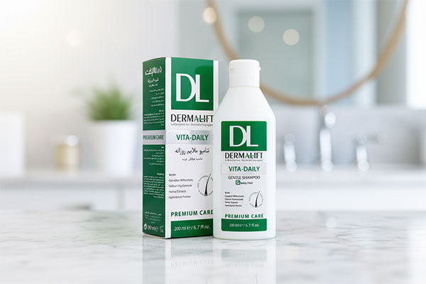 شامپو روزانه موهای چرب درمالیفت روی پیشخوان حمام