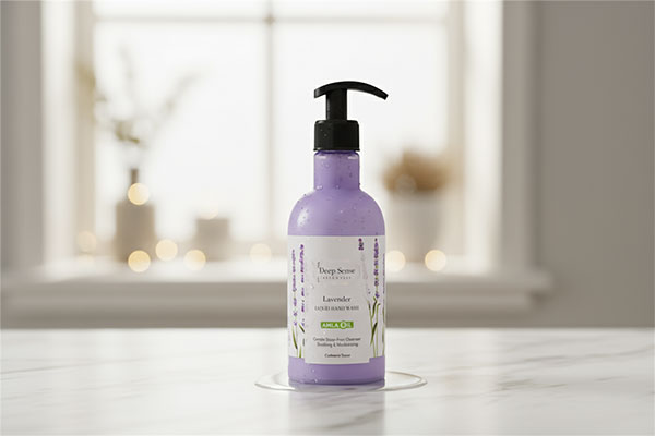 مایع دستشویی کرمی لوندر دیپ سنس سی گل روی پیشخوان حمام