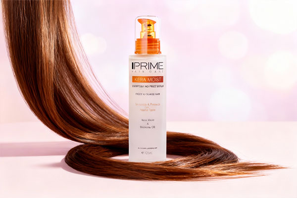 سرم مو پریم با موهای نرم و درخشان در پس‌زمینه pastel