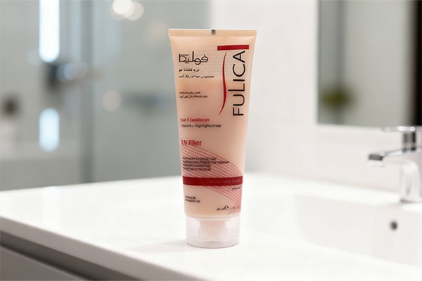 نرم کننده موهای رنگ شده فولیکا روی پیشخوان حمام