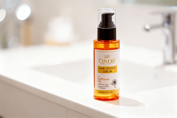 سرم حالت دهنده و نرم کننده مو سینره روی پیشخوان حمام