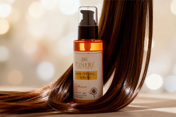 نمای نزدیک سرم نرم کننده سینره با تارهای موی درخشان