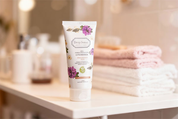 لوسیون نرم کننده موهای خشک دیپ سنس روی قفسه حمام