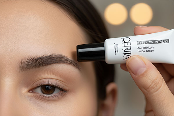 Applying eyebrow strengthening cream on natural brows