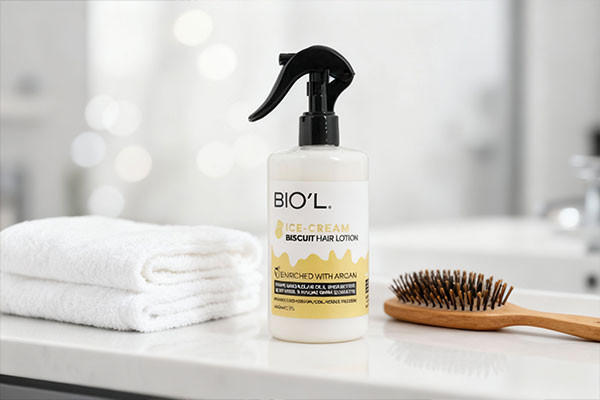 لوسیون مو بستنی بیسکویتی بیول روی پیشخوان حمام