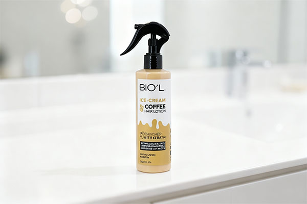 لوسیون مو بستنی قهوه بیول روی میز حمام