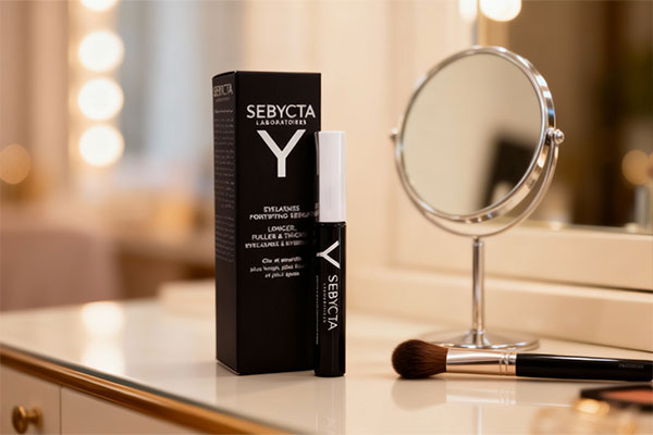 سرم تقویت مژه سبیکتا در کنار آینه و برس آرایشی