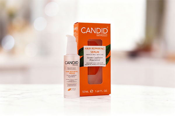 تصویر سرم ترمیم کننده مو کاندید روی سطح مرمر سفید