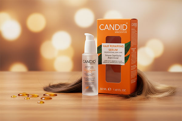 سرم مو کاندید کنار تارهای مو و قطرات روغن