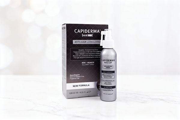 لوسیون تقویت کننده مو مین کپ کپیدرما روی سطح مرمر سفید