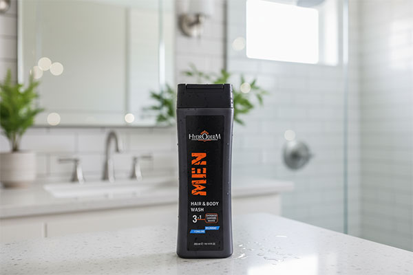 شامپو آرامش بخش 3 در 1 آقایان هیدرودرم روی پیشخوان حمام