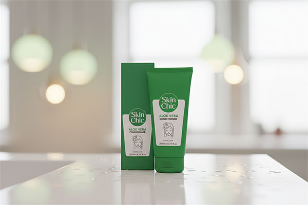 نرم کننده مو آلوئه ورا اسکین شیک روی پیشخوان حمام