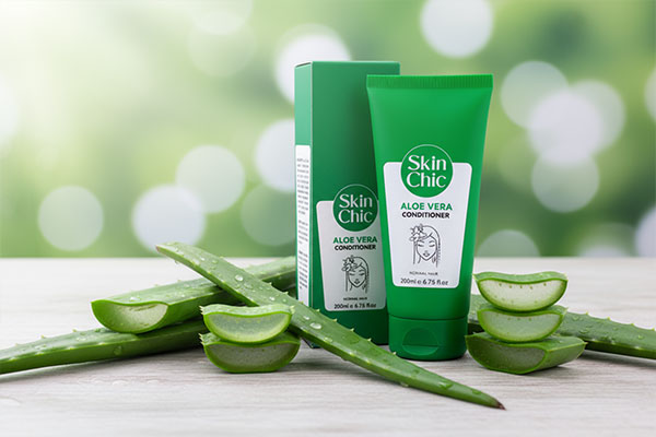 نرم کننده مو آلوئه ورا اسکین شیک همراه با برگ‌های آلوئه ورا