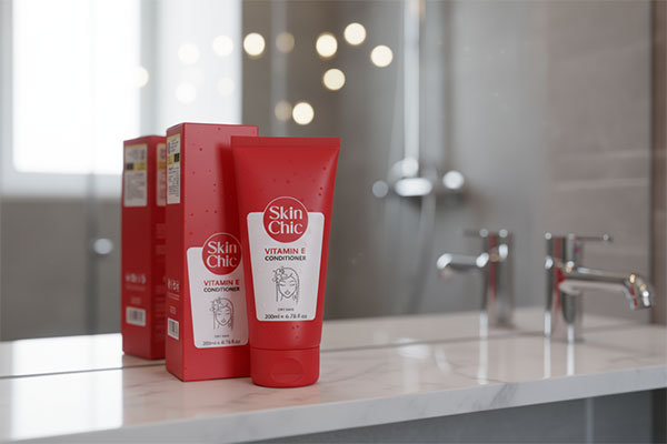 نرم کننده موهای خشک ویتامین ای اسکین شیک روی قفسه حمام