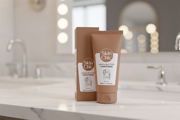 نرم کننده قوی مو شی باتر اسکین شیک روی میز حمام