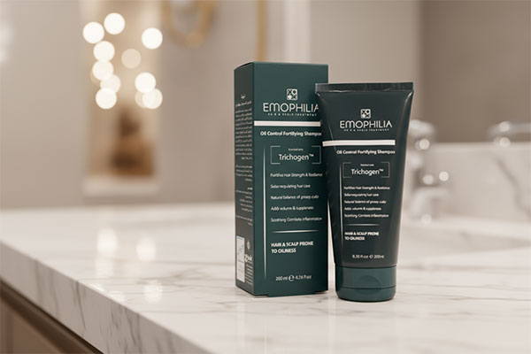 شامپو ضد ریزش موهای چرب اموفیلیا روی میز حمام