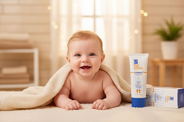 نوزاد شاد پس از حمام با لوسیون مرطوب‌کننده کودکان پرودرما
