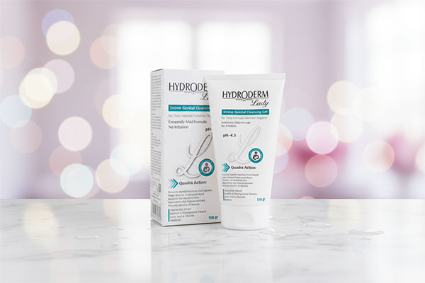 ژل بهداشتی بانوان هیدرودرم روی پیشخوان حمام