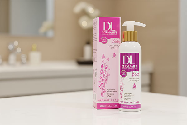 ژل شستشوی بهداشتی بانوان درمالیفت روی پیشخوان حمام