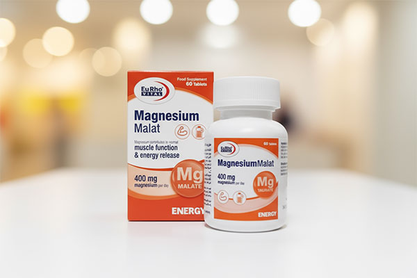 قرص منیزیم مالات یوروویتال روی سطح سفید