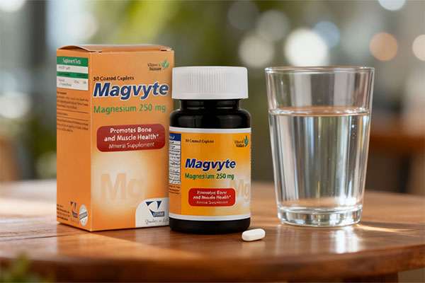 تصویر قرص مگویت 250 ویتان کنار لیوان آب