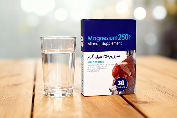 قرص منیزیم 250 اکسیر آفرین آریا کنار لیوان آب