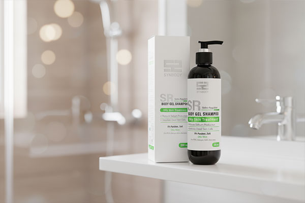 بطری شامپو بدن پوست چرب ساین اسکین روی قفسه حمام