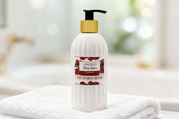 لوسیون بدن پوست نرمال آنجلو ویکتوریا رز روی حوله سفید