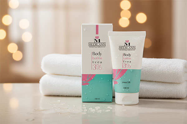 لوسیون بدن اوره مدیلن روی پیشخوان حمام